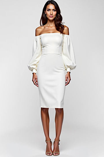 Robe de graduation en satin blanc à épaules dénudées avec manches longues